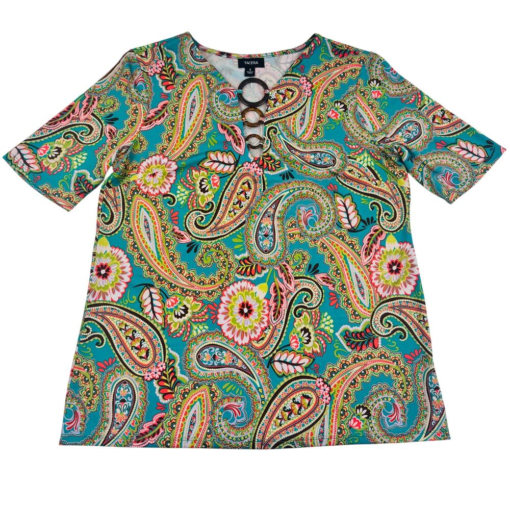 Tacera Boho Floral Paisley Multicolor Ring Detail Short Sleeve Top Women's Small